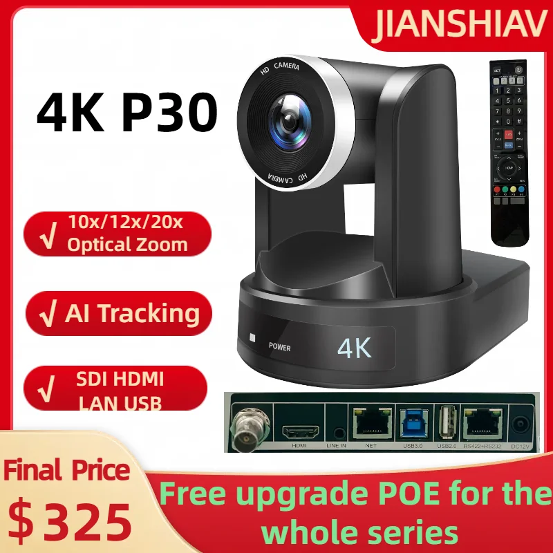 4k NDI Conference PTZ Video Camera 10/12/20x Zoom Ai Auto Tracking PTZ Camera SDI HDMI USB Outputs Support POE Youtube OBS VIMIX