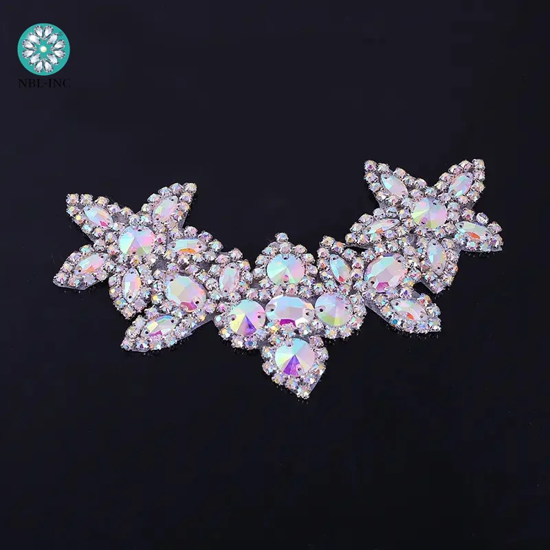 (1PC) Rhinestones bridal silver crystal applique gold beaded patches iron on applique trim AB color for wedding dress WDD0025-S