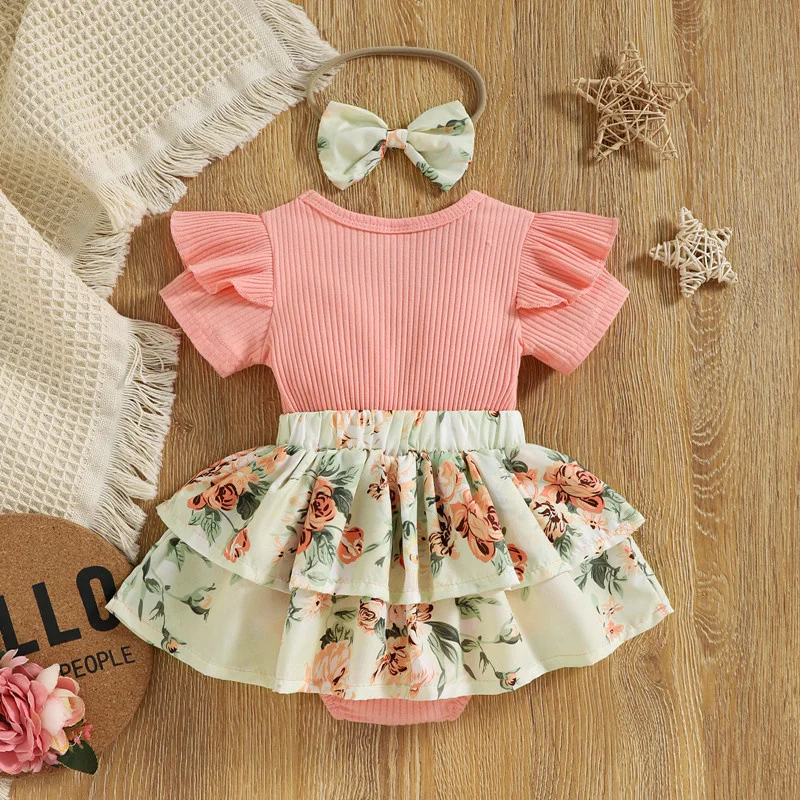 

born Summer baby clothes New Letters Girl Clothing Pit Strip Flying Sleeve Print Bow Yarn Skirt Toddler Jumpsuit newborn outfit