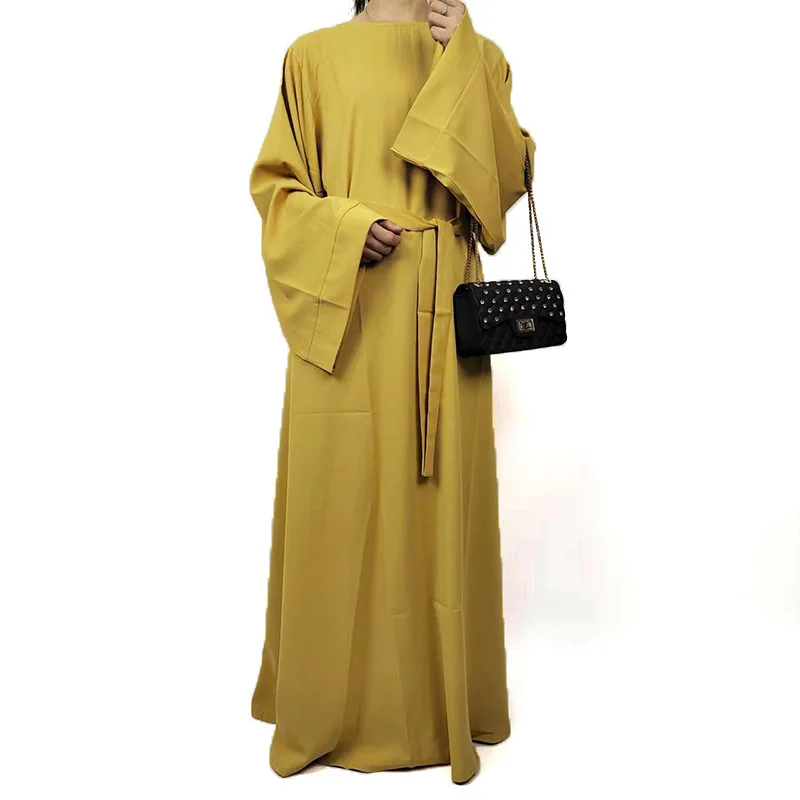 Women's Large Swing Solid Color Robe Dress Fahsion Abaya Muslim Women Long Dresses with Sashes Free Shipping