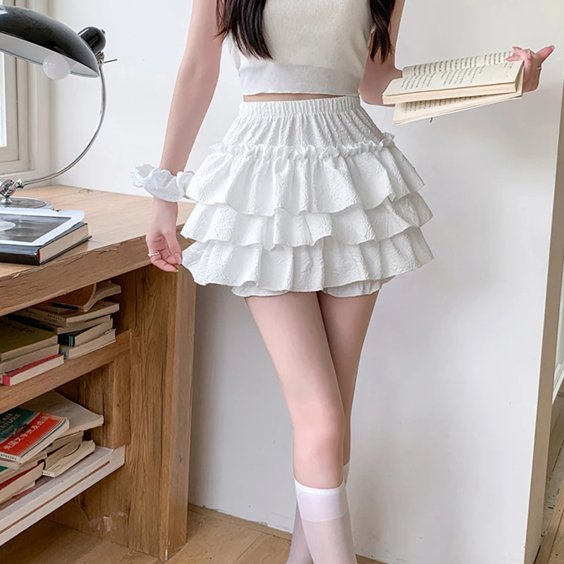 Women Jacquard Ruffled Pumpkin Pants Summer White Sweet Puffy Skorts High Waisted Fashion Ballet Cute Lolita Skorts Shorts