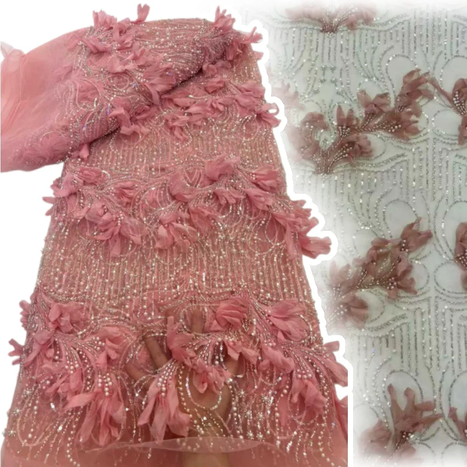 

Французская африканская 3D кружевная ткань 2026 с бисером и высококачественной вышивкой пайетками для женских свадебных платьев, нигерийская сетчатая ткань 2246