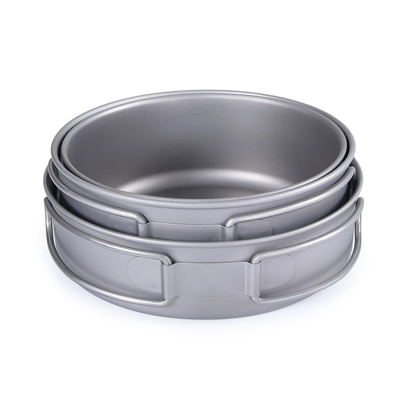 Boundless Voyage Foldable Handle Titanium Cookware Kit Titanium Pot Pan Bowl Set for Outdoor Picnic And Camping Tableware