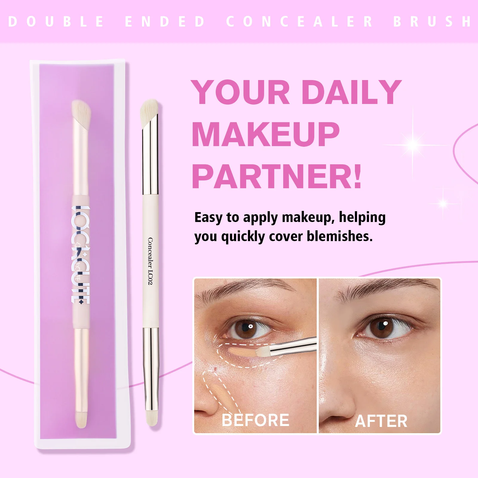 LOCKCUTE 더블 엔드 컨실러 브러쉬 다크서클 및 잡티를 위한 완벽한 커버리지 및 디테일 블렌딩 뷰티 브러쉬 도구