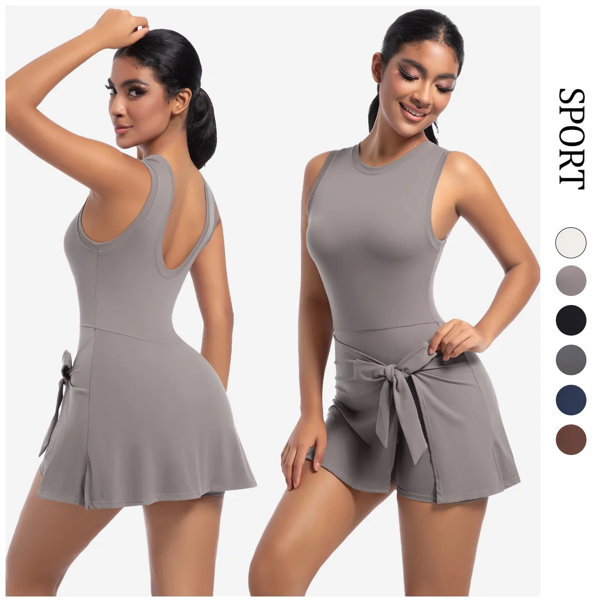 Summer Beautiful Back Dress Sleeveless Workout Bodysuits Jumpsuit Yoga Suit Gym Sports Tennis Skirt Solid Color Yoga Sportswear