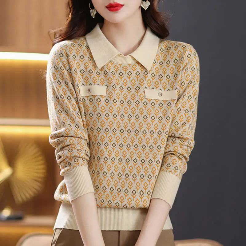 Peter Pan Collar Knitting Bottoming Shirt Women Autumn Winter Fashion Jacquard Sweater Temperament All-match Trend Knitwear Tops