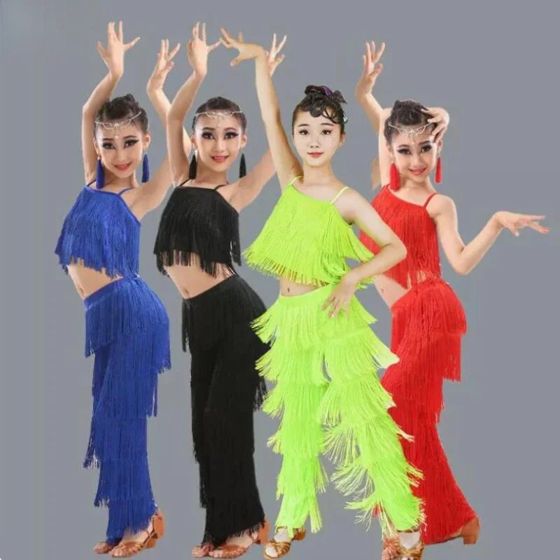 

Children's Latin Dance Competition Tassel Suit Girls Salsa Samba Ballroom Tops Pants Cha Cha Modern Dancing Practice Suits