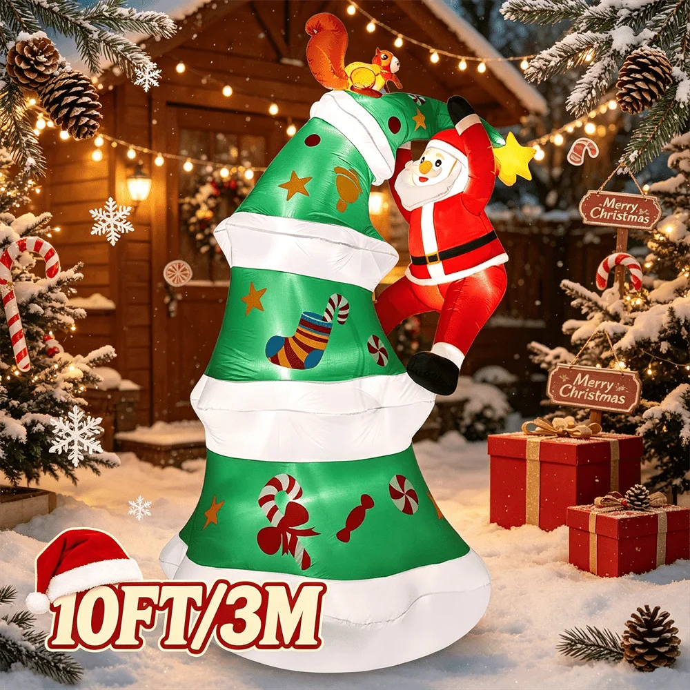 10FT Christmas Inflatable Toy Climbing Santa Claus on Tree Outdoor Holiday Xmas Tree with LEDs for Yard Garden Winter Decoration