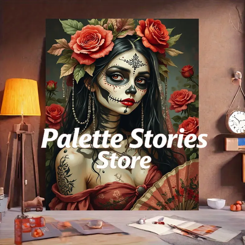 

Frameless One Paint by Number Set, Suitable for Beginners And Adults, Featuring a Vintage Skull Bride Design with Floral Accents