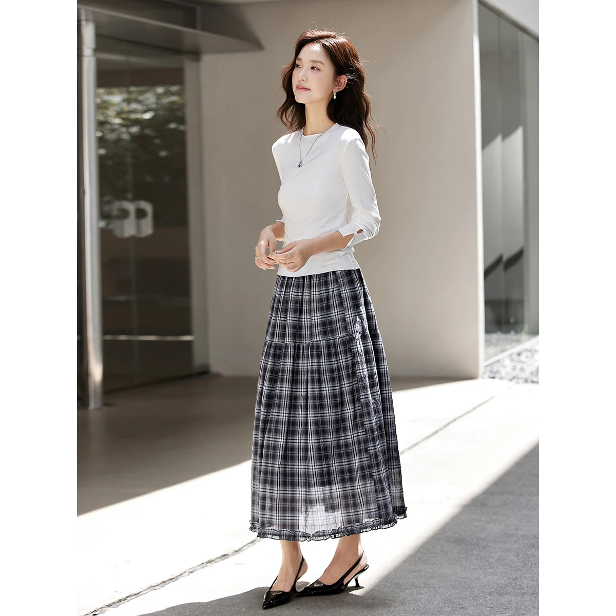 VIMLY المرأة خمر منقوشة تنورة 2025 الخريف التنانير خمر غير رسمية تصميم ميدي تنورة تخفيف كشكش ألف خط الإناث تنورة A2980