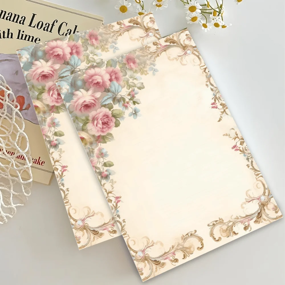 50 Sheets, Pink Vintage Floral-themed Writing Paper, Lined, Glue-free, Perfect For Notebooks, Memos, And Stickers