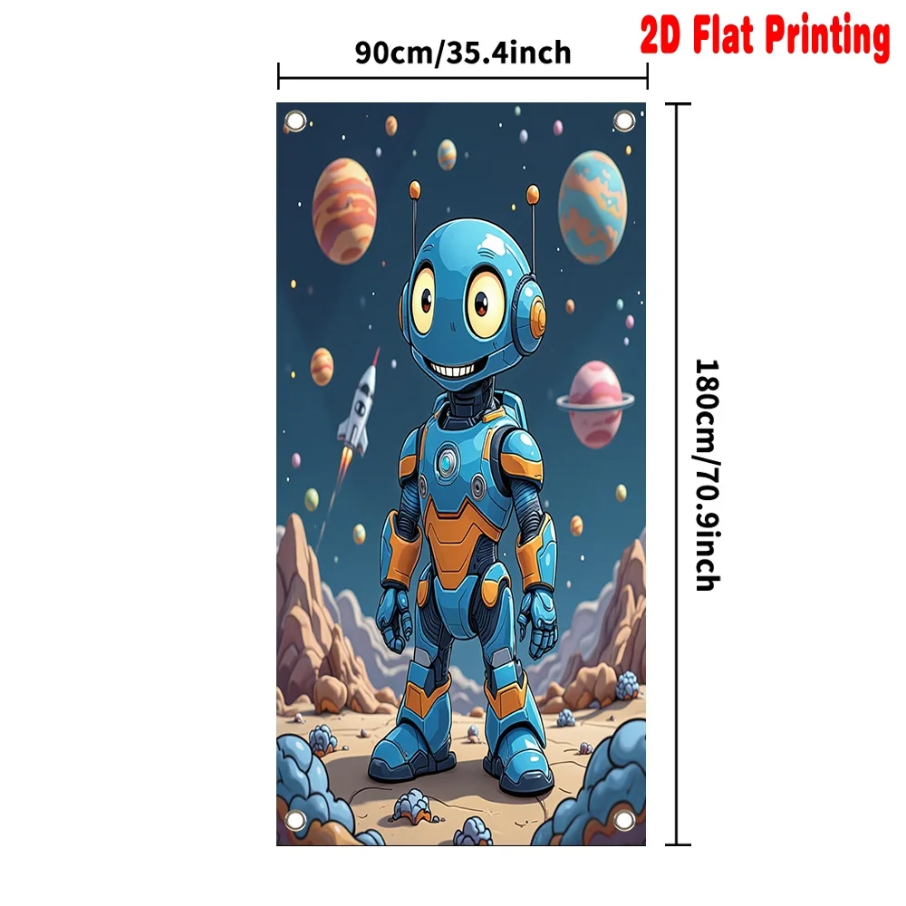 2D Flat 1pc Door Banner Blue Robot in Space Polyester For Perfect for Office Tea Room Living Room and Living Room