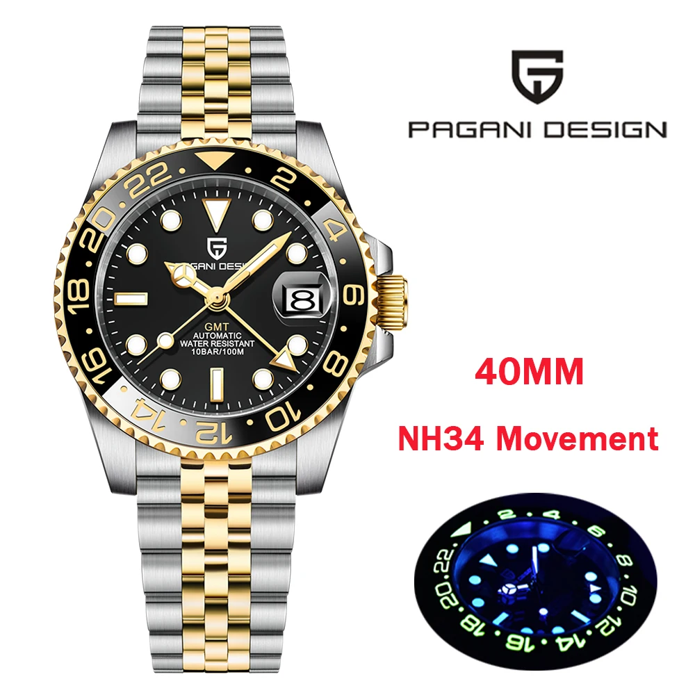 PAGANI DESIGN V3 New NH34 Automatic Mechanical Watches Men\'s Luxury Sapphire Glass 40MM Ceramic GMT Wristwatch 100M Waterproof