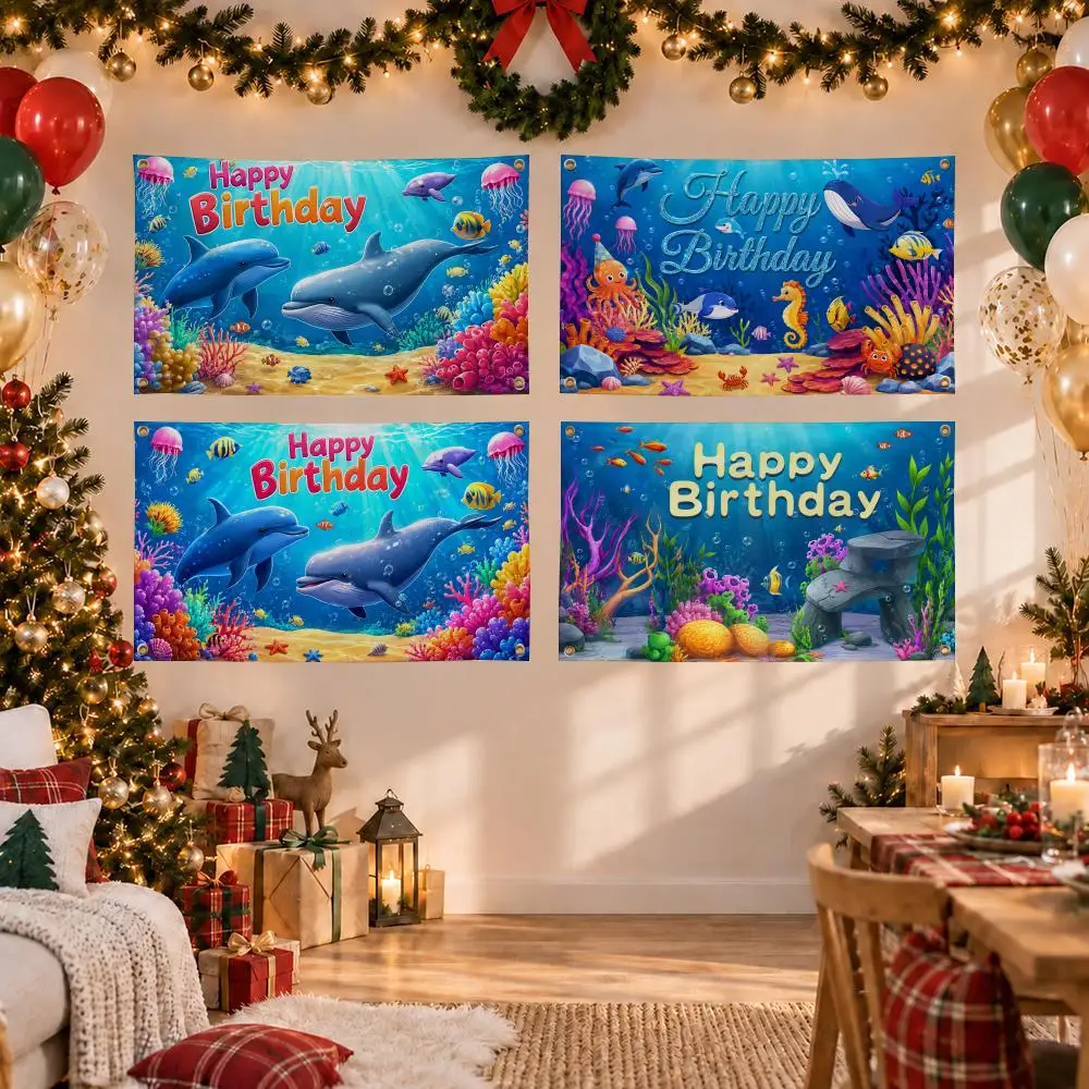 Underwater Shark Dolphin Flags Birthday Party Flag Tapestries Outdoor Parties Bedrooms Living Rooms  Wall Decor Gifts