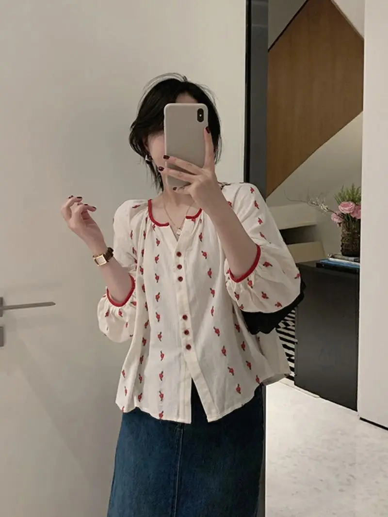 New Long-Sleeved Loose Slimming Look Shirt Printed Cute and Sweet Design Pastoral Style Versatile Shirt