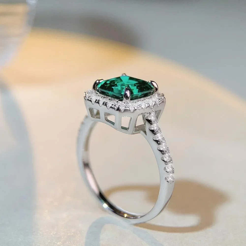 PT950 Platinum Emerald Cut Ring - Full Diamond and Zirconia Square Bar Ring for Women