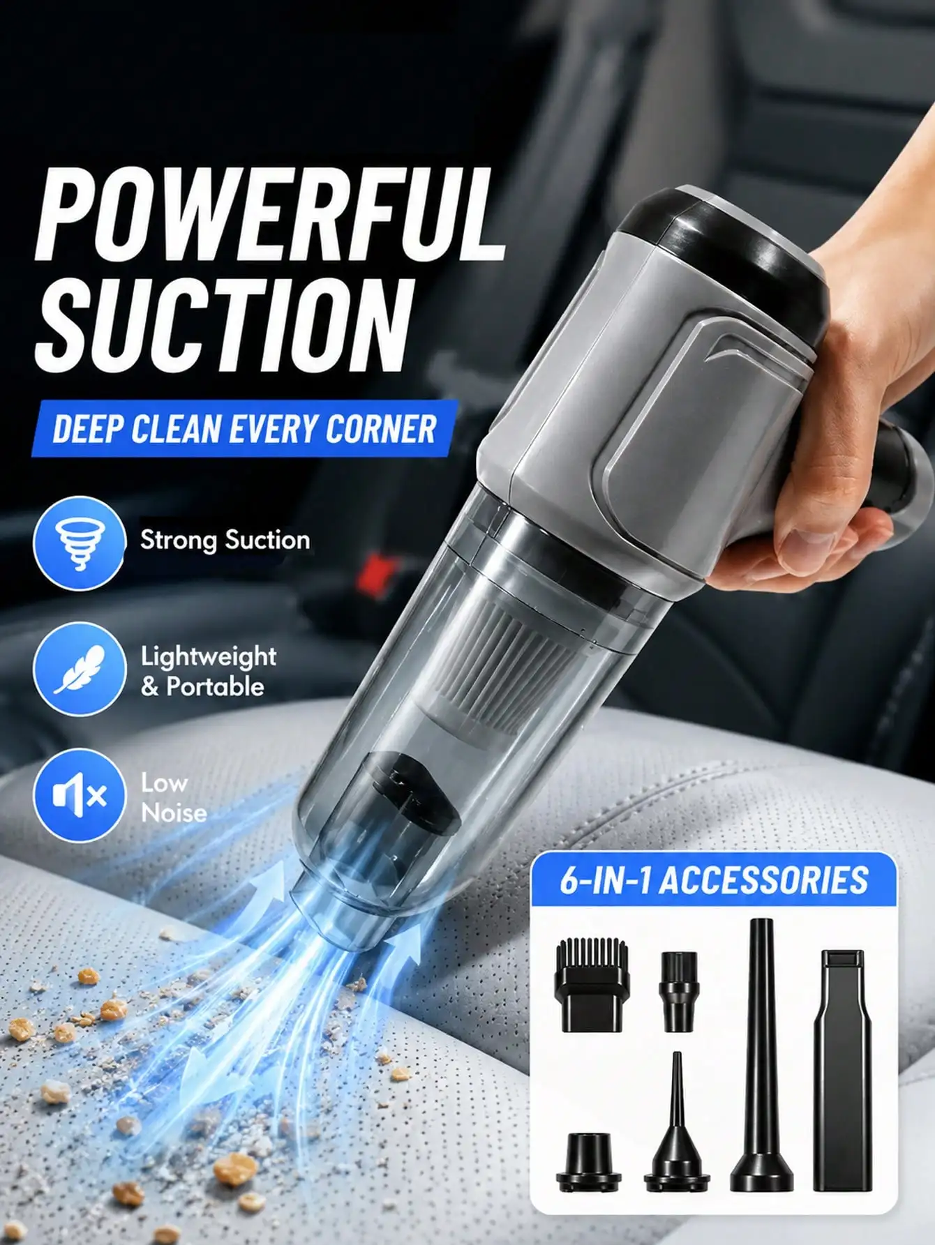 3-In-1 Car Vacuum Cleaner, Powerful Suction, Portable Compact Cordless Handheld Vacuum Cleaner, Suitable For Dry & Wet Cleaning, 2400mAh Battery, Car Accessories
