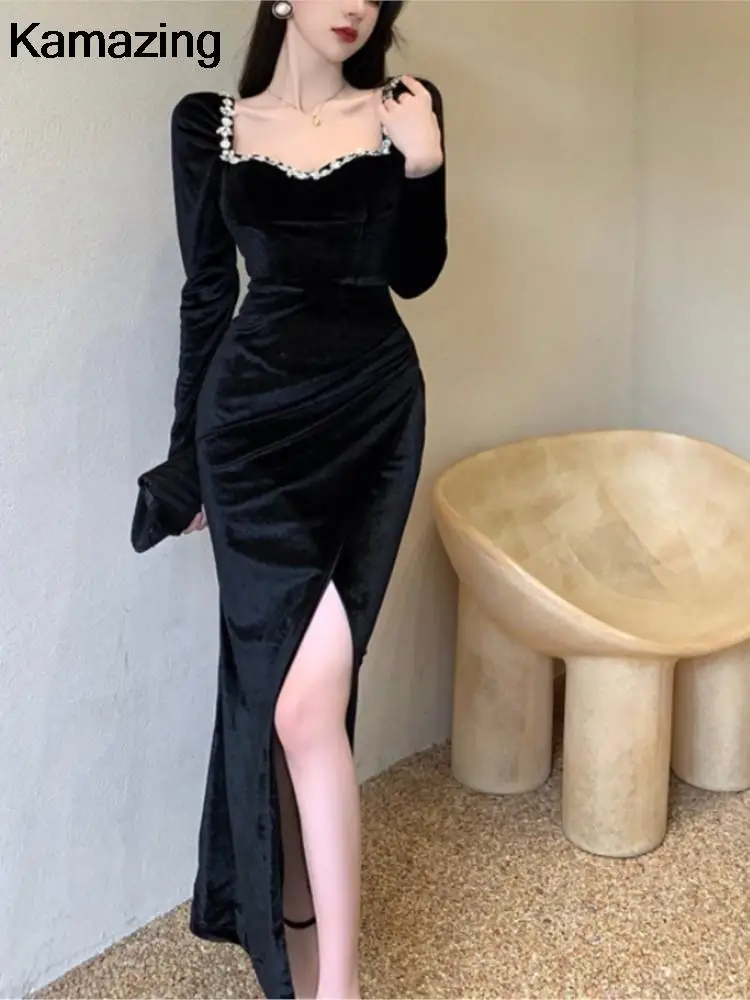 Sexy Bodycon Evening Party Dress Women Autumn New Velvet Diamonds Prom Robe Ladies France Vintage Split Mermaid Vestidos Mujer