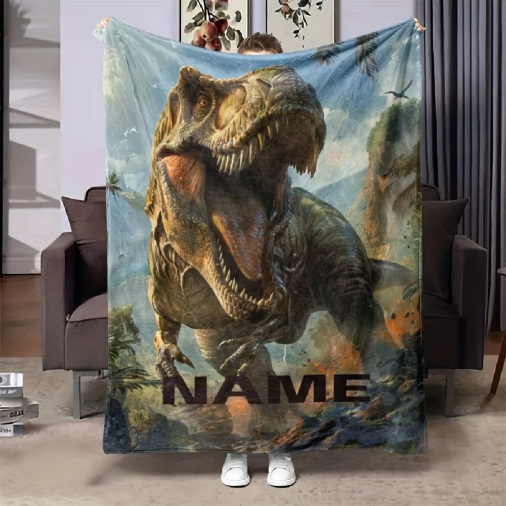 1pc Personalized Custom Name Dinosaur Blanket T-Rex Design Soft Flannel All-Season Cozy Throw for Bed Couch Gift Dinosaur Decor