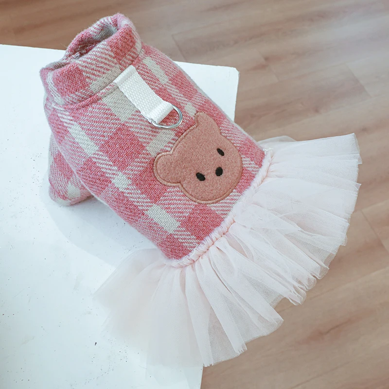 1PC Pet Apparel Dog Autumn/Winter Pink Plaid Little Bear Princess Dress Fluffy Dress with Pull Cord Buckle For Small Medium Dogs