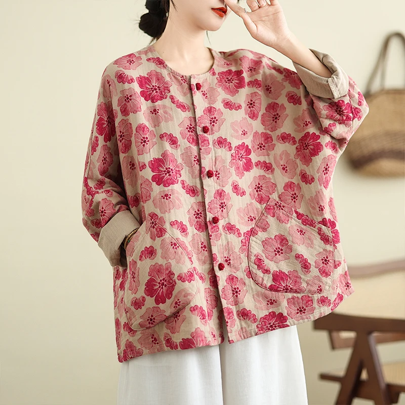 

Loose Cotton Linen Shirt Women's Large Size Spring Autumn Batwing Sleeve Ethnic Style Open Cardigan Outerwear Comfortable Top