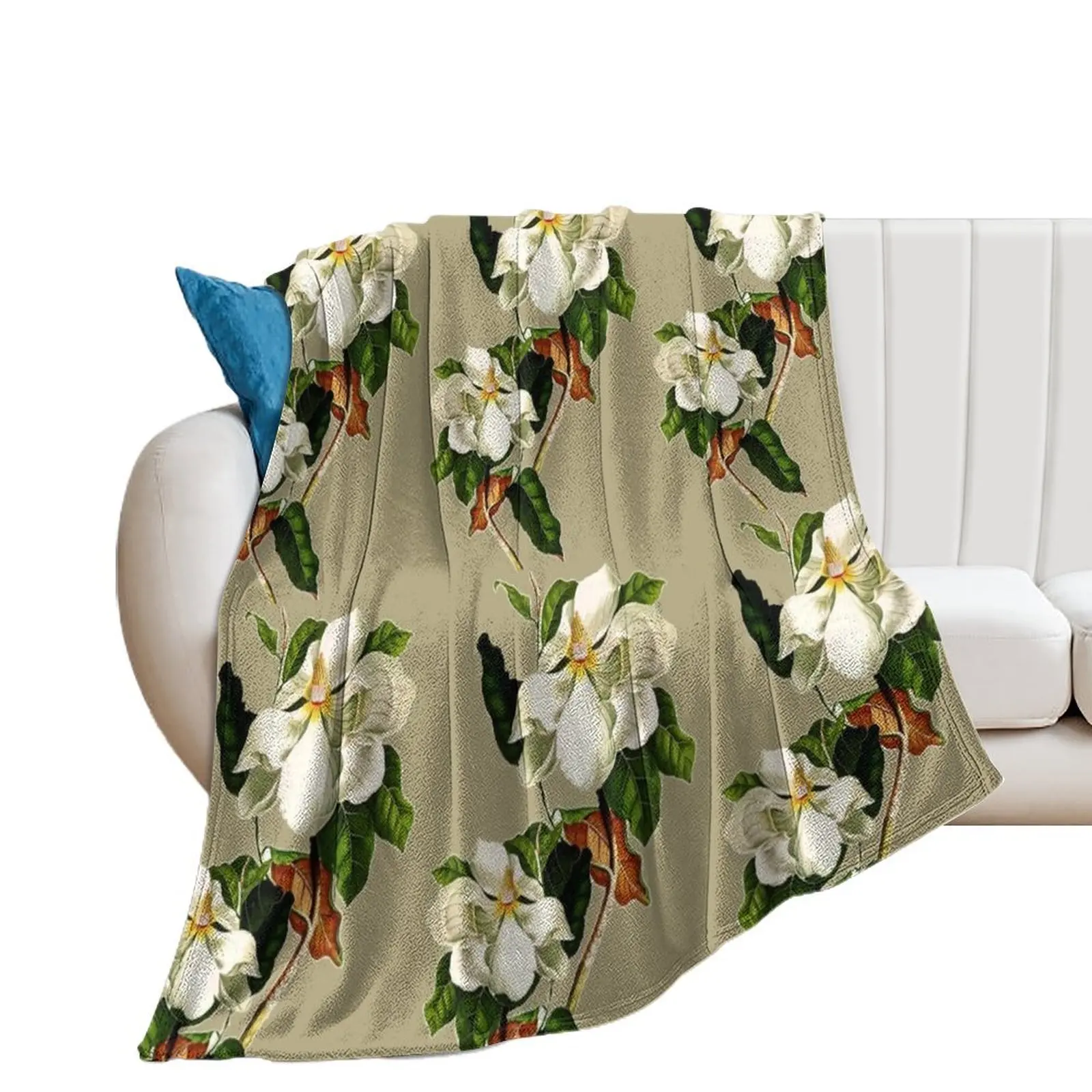 Vintage White Magnolia Pattern on Khaki Background Throw Blanket wednesday Personalized Gift Blankets