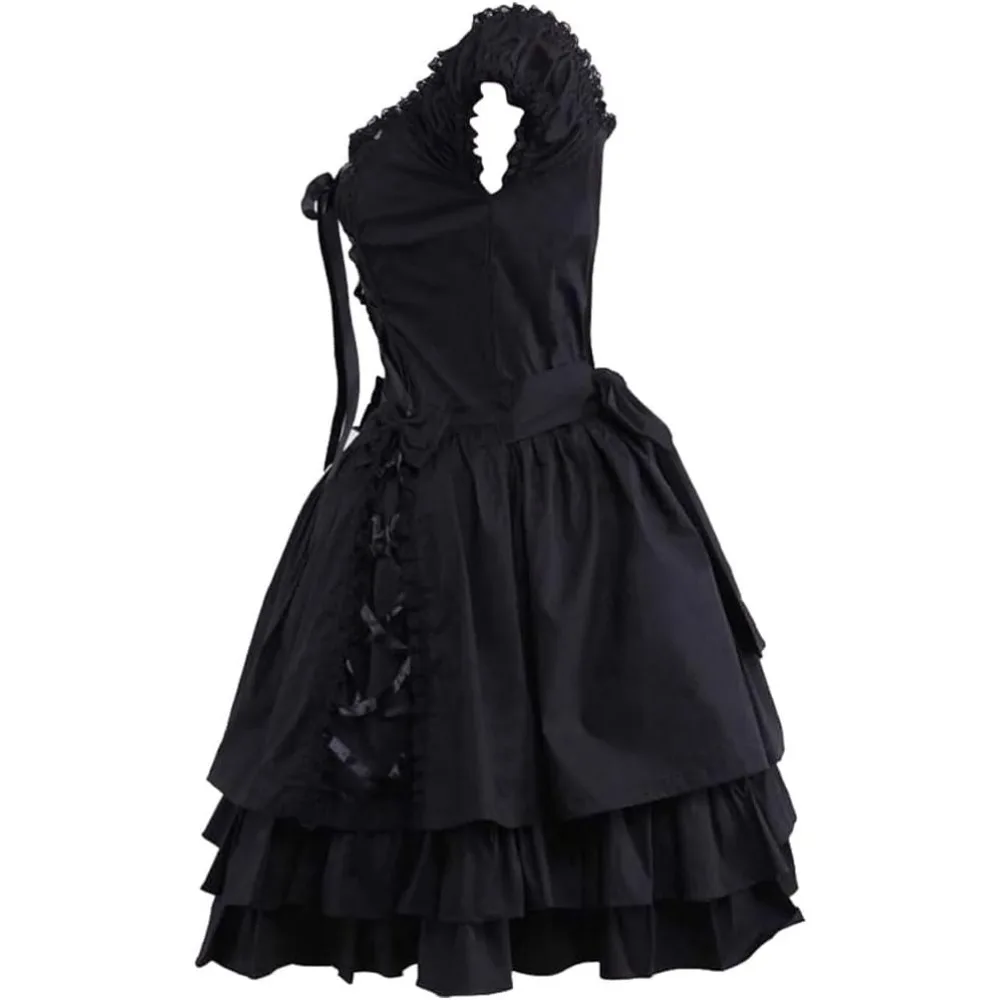 Klassisches schwarzes mehrlagiges Goth-Lolita-Kleid mit Schnürung für Damen, elegante Partykleidung mit Spitze und Schleife, Halloween-Anime-Dienstmädchen-Kostüme