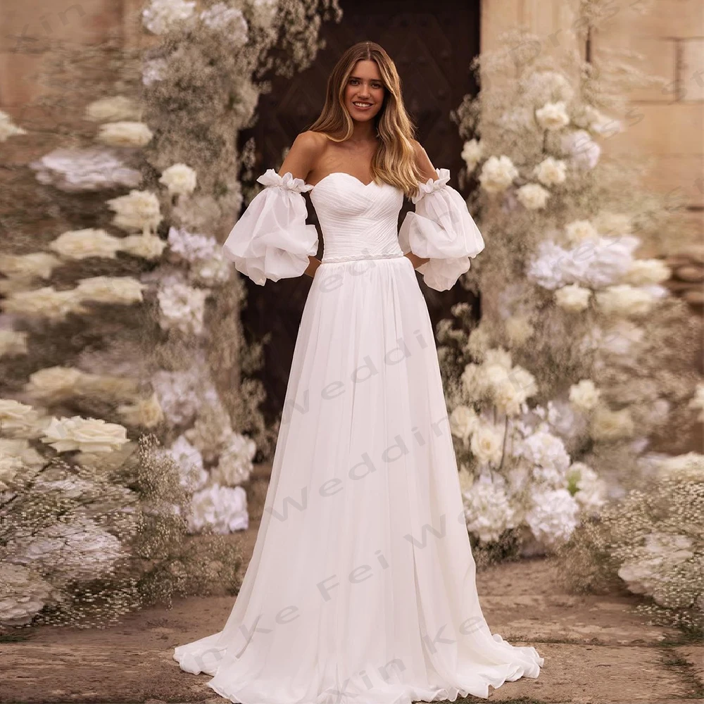 Vestidos de novia elegantes para mujer, línea A, Mangas de burbuja desmontables, vestidos de novia de princesa para baile de graduación, fiesta Formal en la playa, celebridades de moda