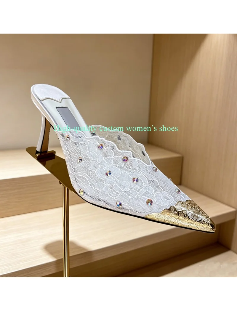 

Pointed Gold Embroidery White Mesh Color Blocking Bridal High Heels Shallow Stilettos Rhinestone Decoration Luxury Wedding Shoes