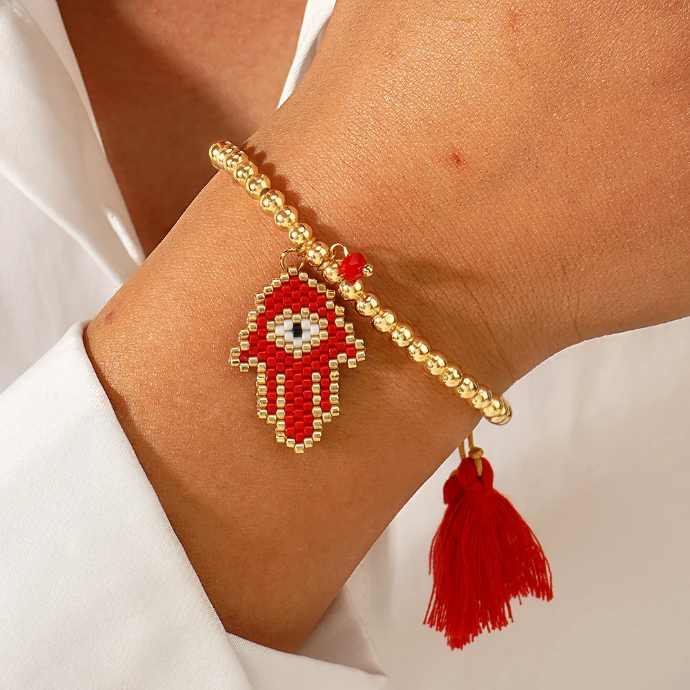 

Rice bead bracelet Creativity Palm Eye Bohemia Pendant Hand weaving Adjustable Female Pattern Fashion Simplicity Beaded bracelet