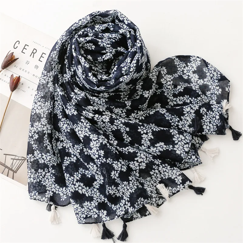 KYQIAO Vintage scarfs luxury brand designer long navy blue print hijab scarf women 2024 muslim hijab vintage winter accessories