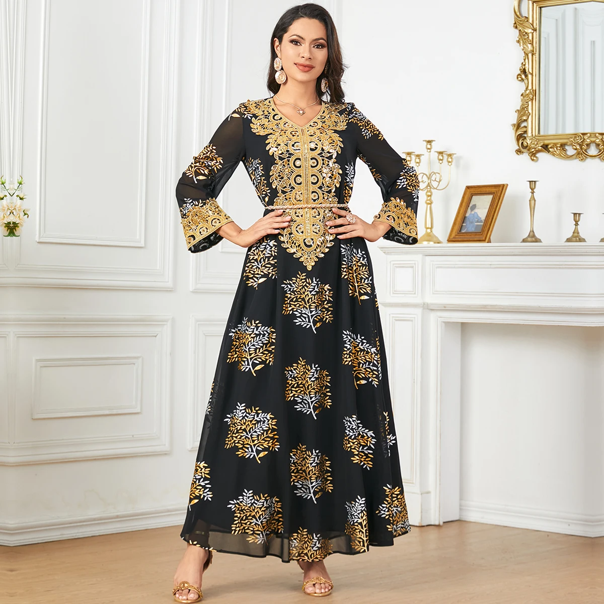 BNSQ 2024 Summer Middle East Arab New Floral Gold Plated Women Dresses Party Dresses Moroccan Kaftan with Customized Belt