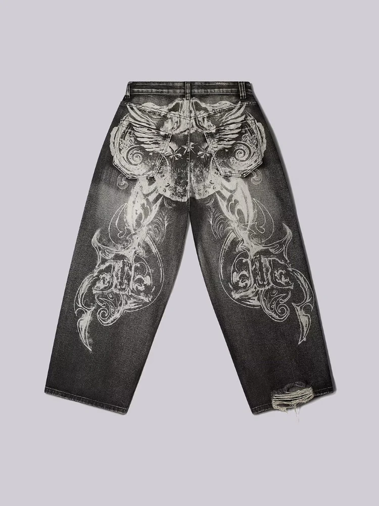 Celana Jeans Wanita dan Pria Gaya HOUZHOU Y2k Gothic Vintage, Grafis, Robek, Grunge, Dicuci, Kaki Lebar, Gaya Amerika, Denim, Baggy, High Street