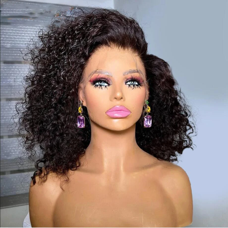 Perruque Bob Lace Front Wig crépue bouclée sans colle pour femmes noires, cheveux de bébé courts et doux, densité 180, préplumée, degré de chaleur, noir naturel