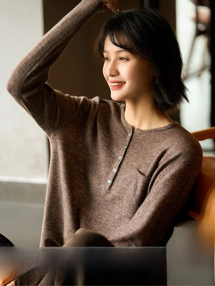 

Henry Collar Wool Sweater Soft Comfortable round Ne Overhead Knitted Women's Casual Faion Commute Sle Camere Blend