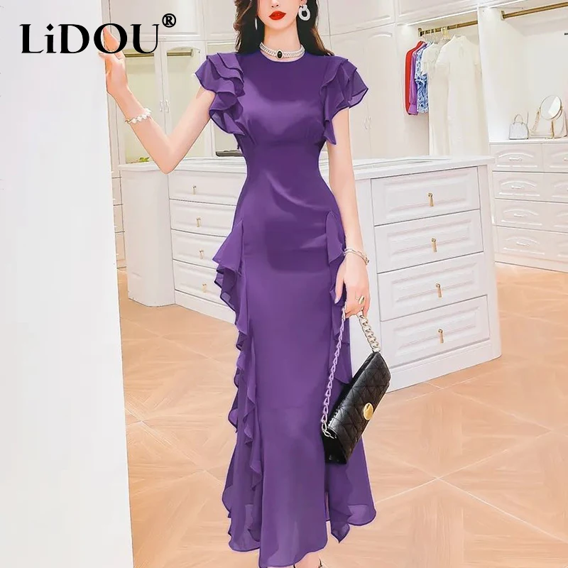 Summer Elegant Fashion Solid Color Ruffles Bodycon Dress Women Short Sleeve Temperament Evening Party Robe Ladies Waist Vestidos