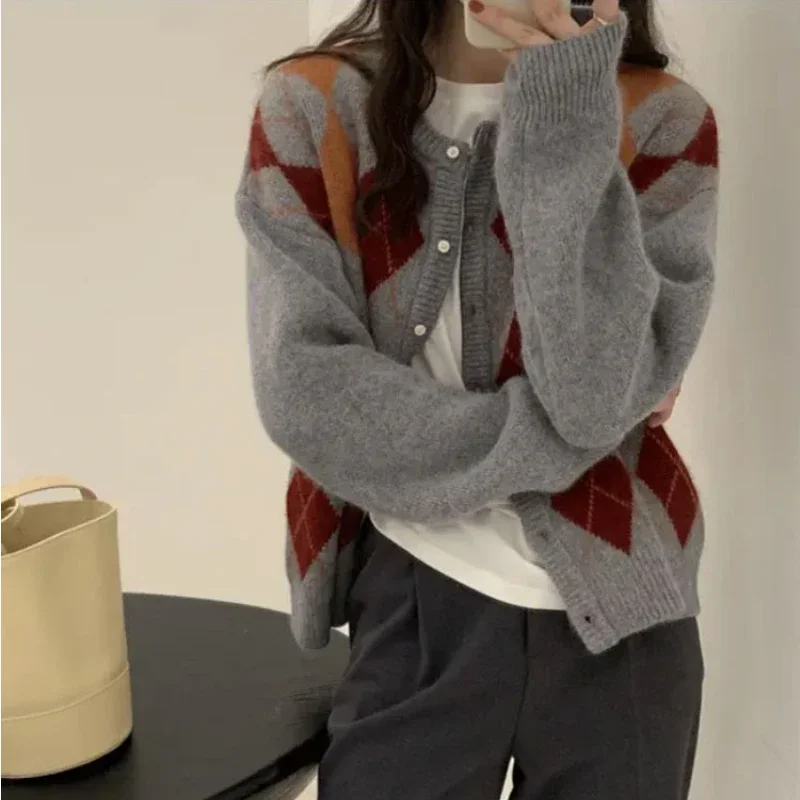 TPJB New Women Plaid Knitted Cardigan Korean Fashion Preppy Style Vintage Casual Checked Sweaters Female Harajuku Gray Knitwears