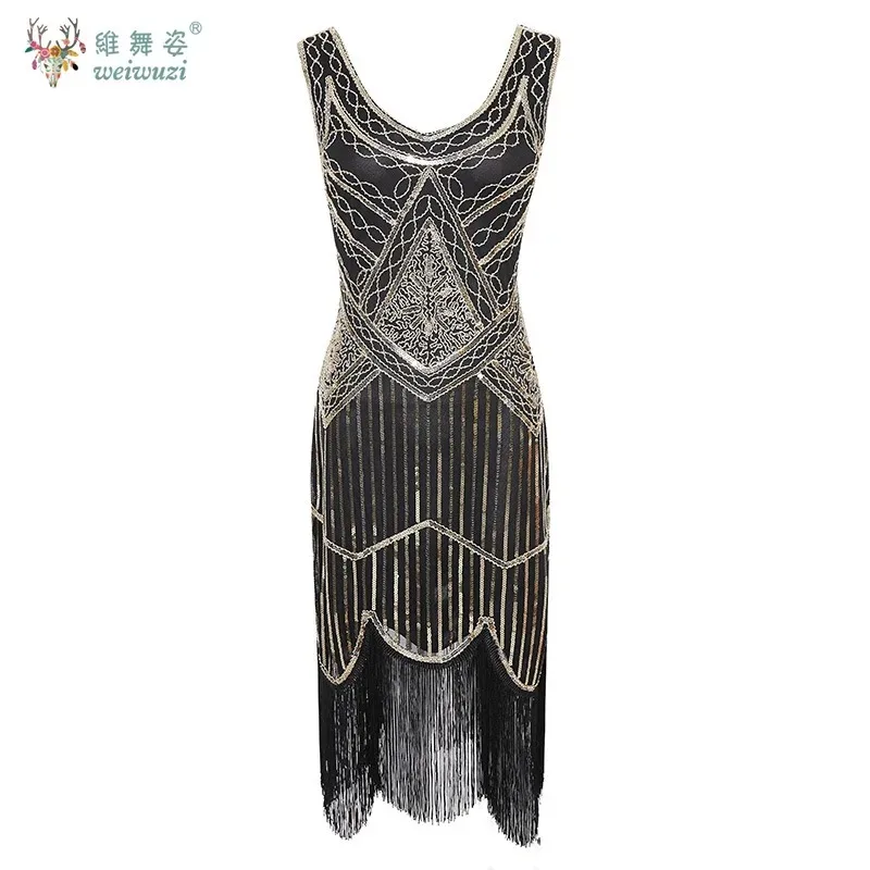 

Plus Size 1920s Flapper Dress Great Gatsby Prom Evening Gown V-Neck New Women's Elegant Black Sequin Bead Tassel Party Dress