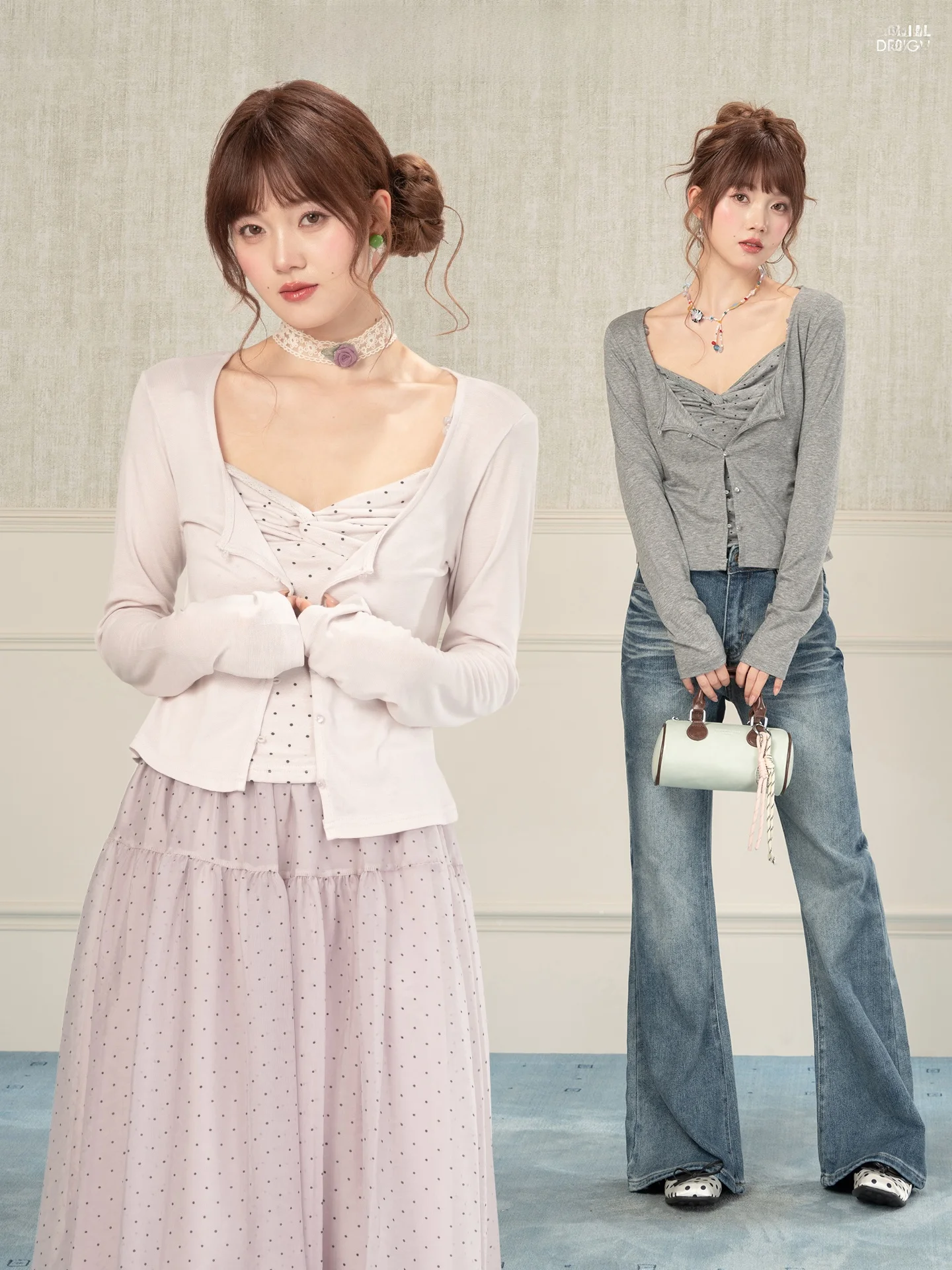 

Summer Sweet Casual Set Purple Open Cardigan Polka Dot Two Piece Women Slimming Top Women's Fashion Ruche Design Short Length