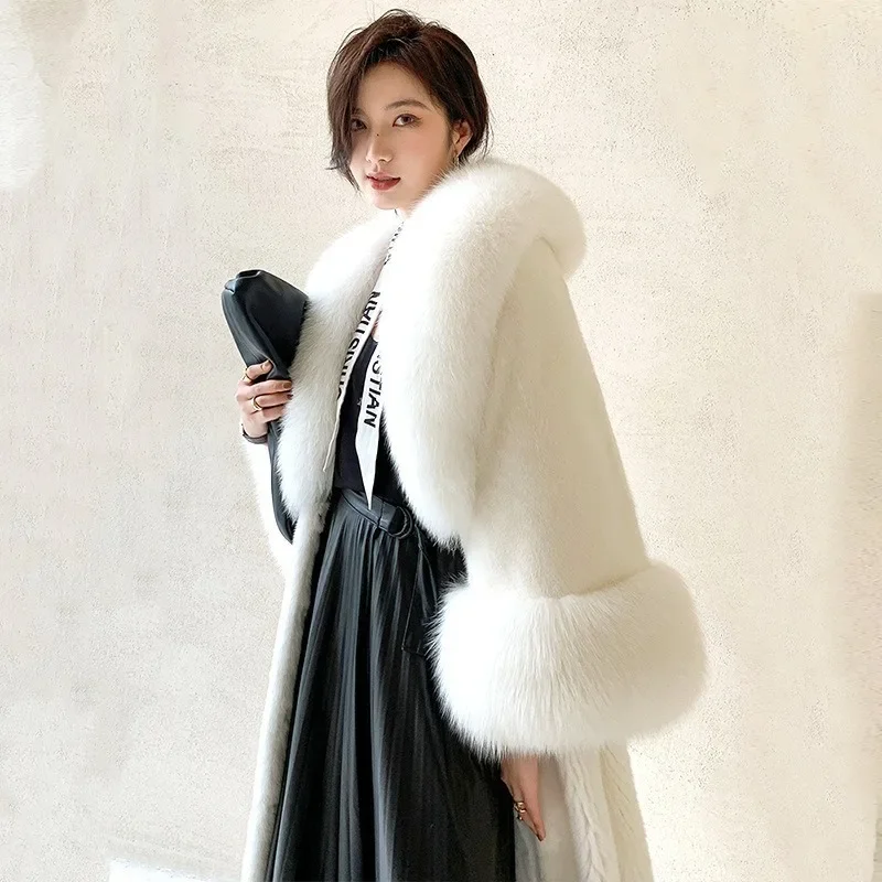 

New Women Faux Fox Fur Collar Fur Coat Fashion Long Imitation Marten Overcoat Female Winter Loose Large Size 6XL Warm Parka