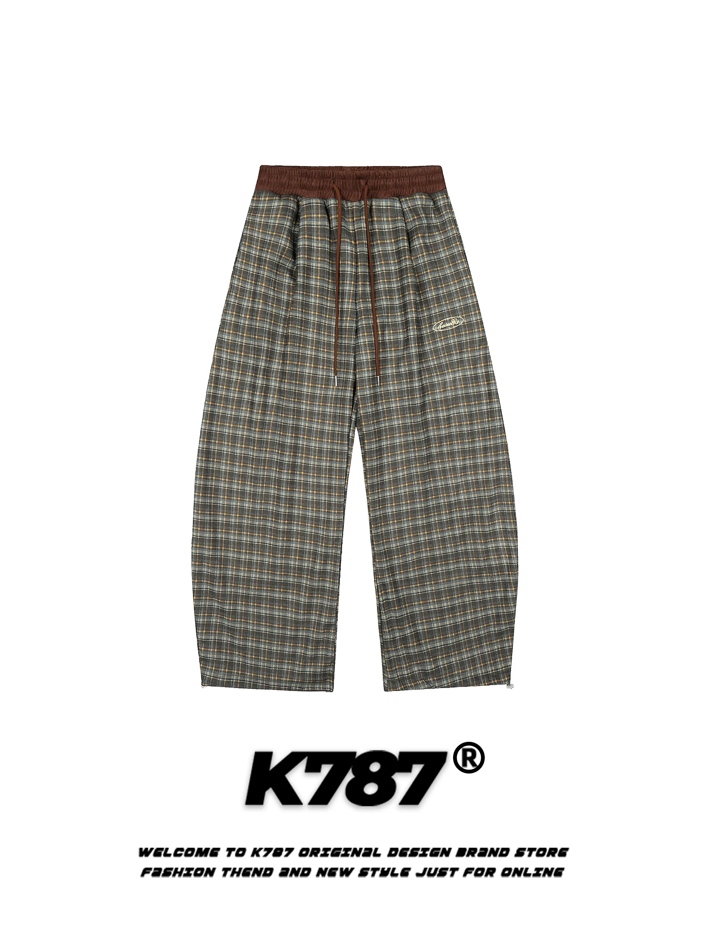 

K787 American Retro Plaid Splicing Casual Pants Men's Women's Drawstring Loose Fleece Warm Wide Leg Long Pants