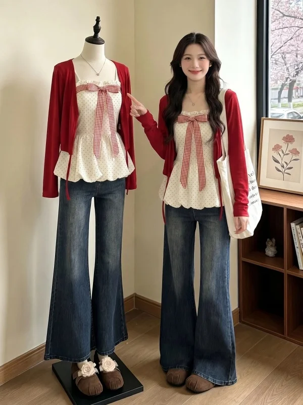 

Red Knot Polka Dot Strap Vest Summer 2026 New plus Size Women's Fashion Set Sunscreen Outerwear Cardigan Top Two-Pi...