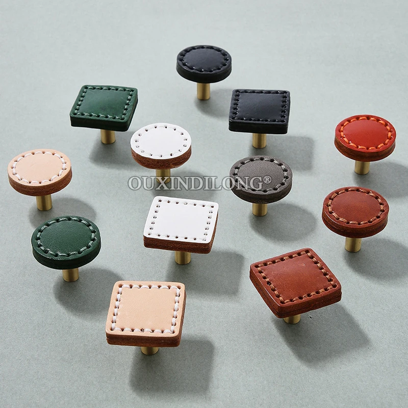 Brand New 10PCS Brass+Cow Leather Furniture Pulls Handles Drawer Knobs Cupboard Wardrobe Closet Dresser Wine Cabinet Pulls Knobs
