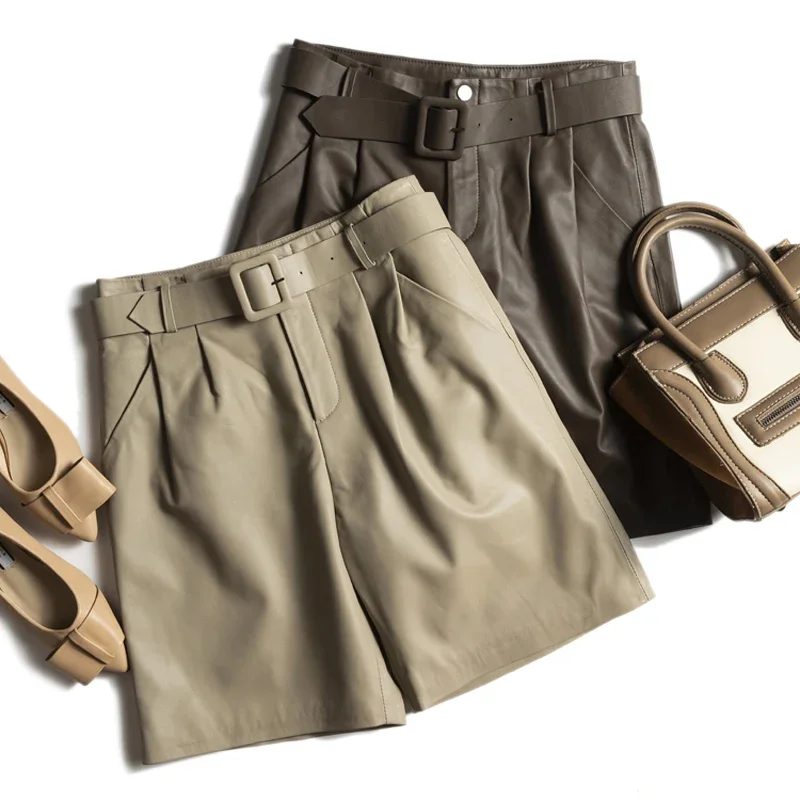 Spring 100% Lambskin Bermuda Shorts Women's Straight Waist Real Leather Casual Pants with Belt Chic  Womens Clothing