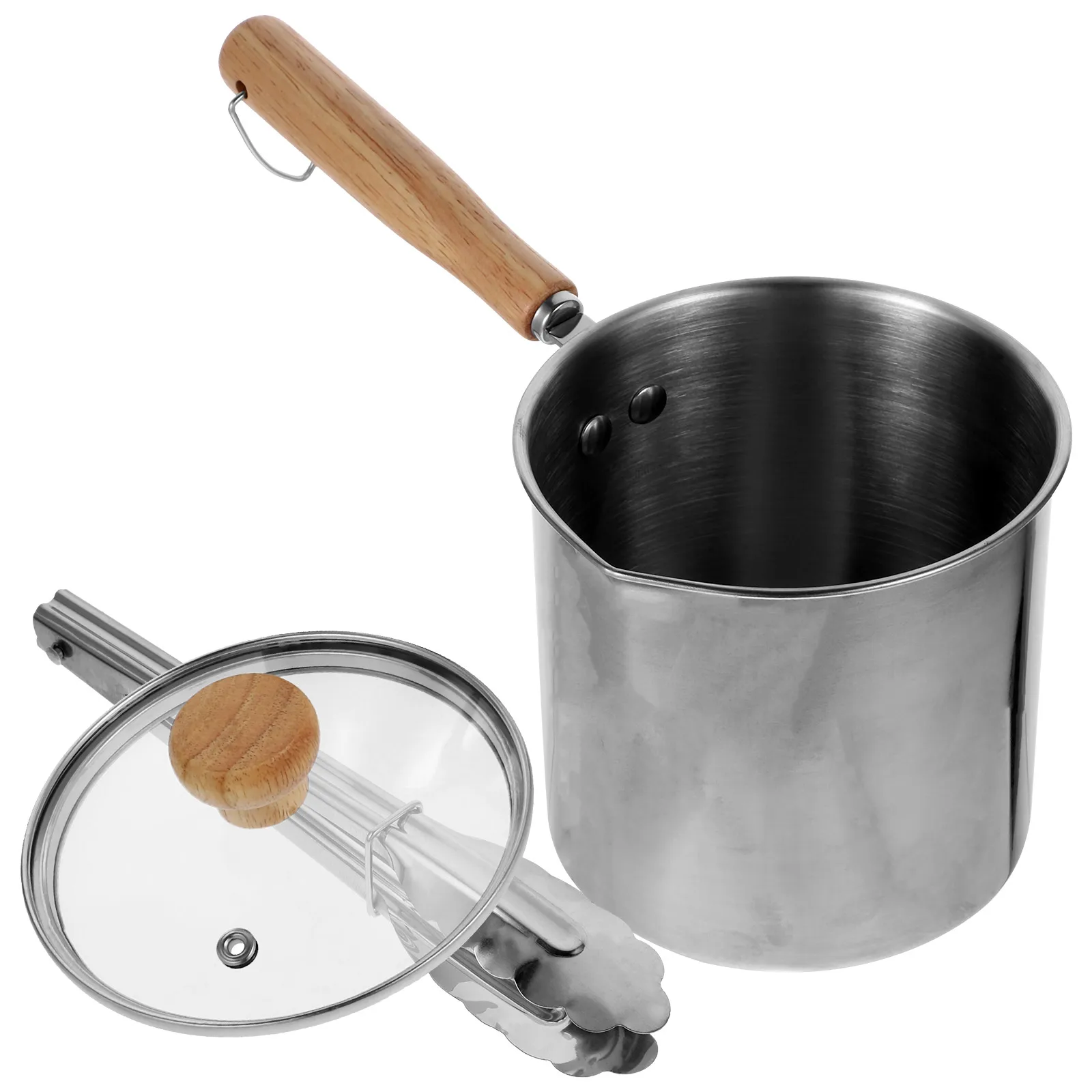 

304 Stainless Steel Frying Pot Deep Fryer Pan Wok with Lid Wooden Skillet Household Milk