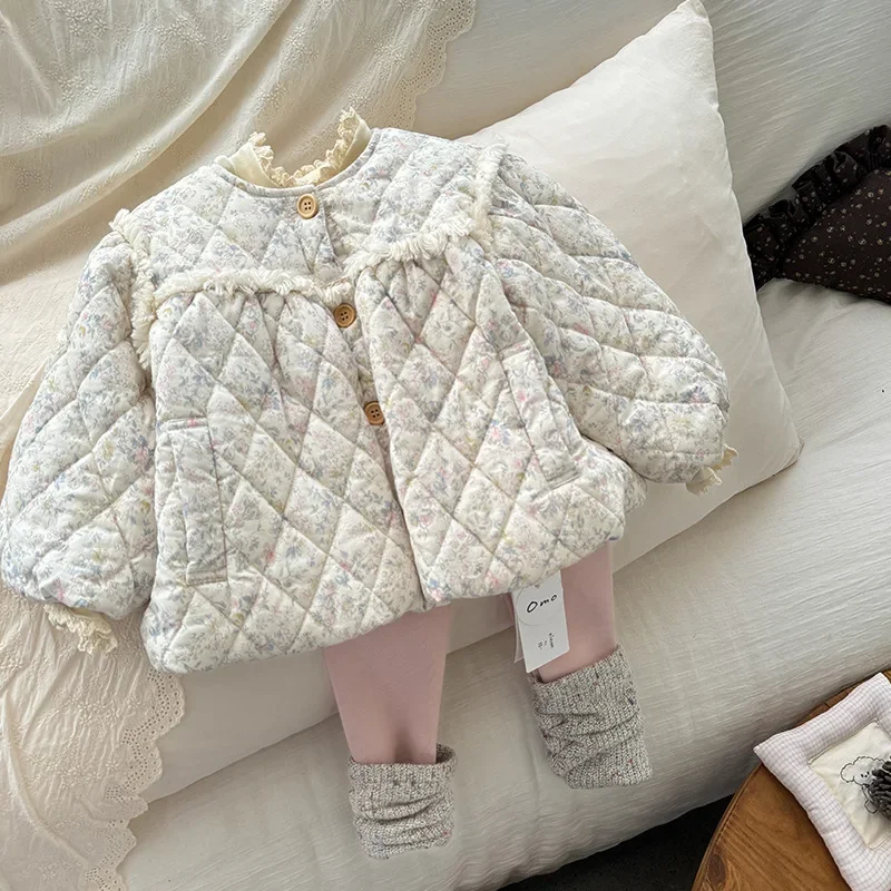 Girls Coat 2024 Winter New Childrens Wear Korean Style Girls Baby Pastoral Style Everything Diamond Lattice Floral Thick Coat