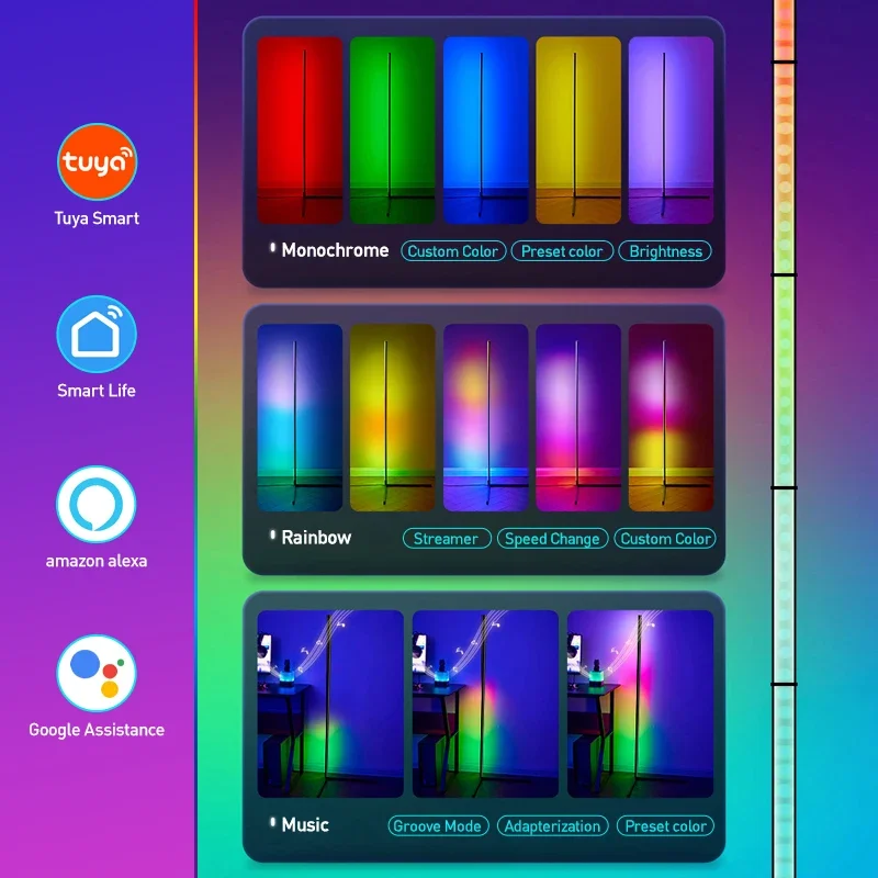 Lámpara de pie RGB Tuya de 200cm, aplicación remota inteligente, Control, luz de suelo de esquina moderna, soporte LED atmosférico, iluminación,