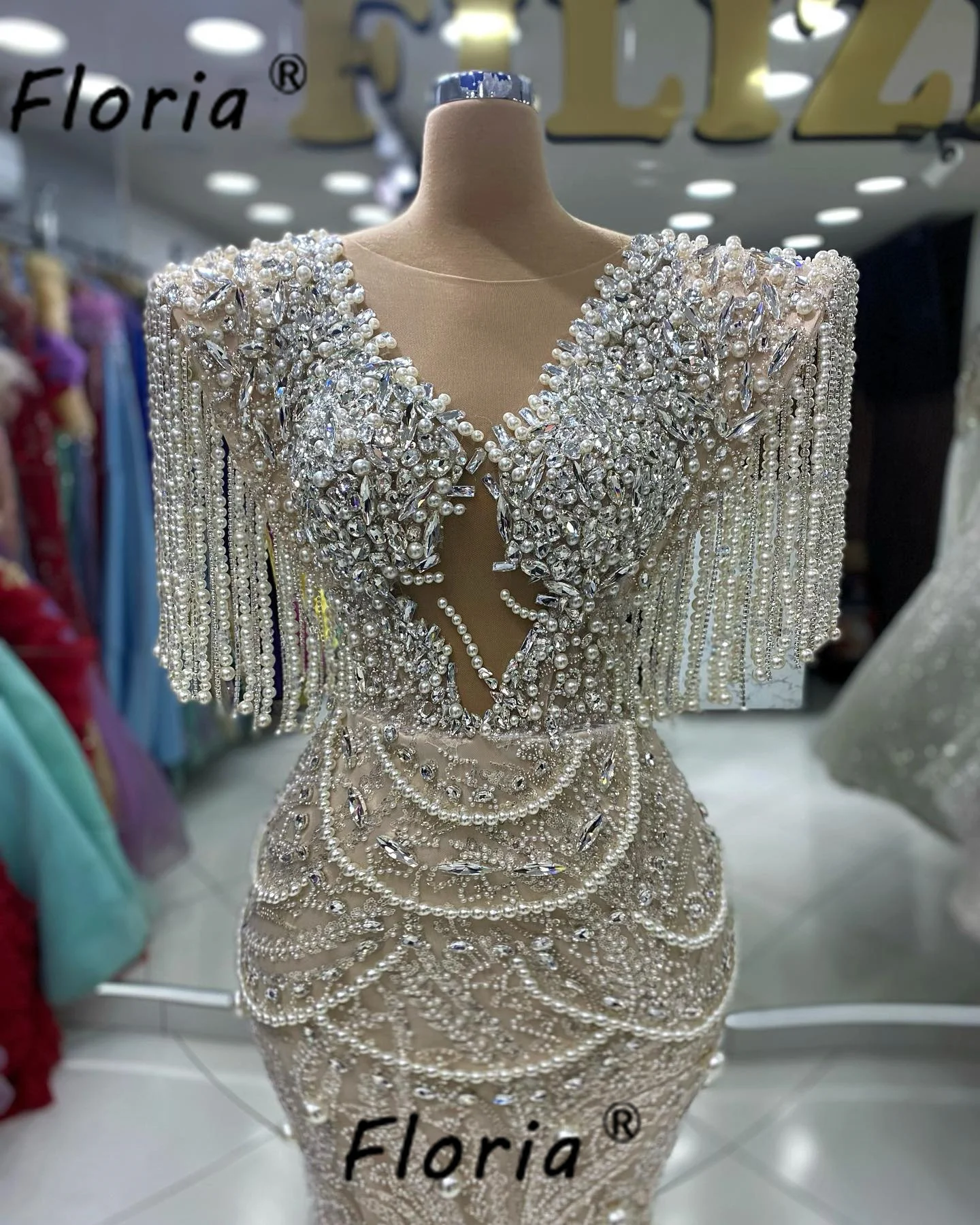 Luxury Heavy Beads Mermaid Prom Dress Champagne Full Pearls Tassels Wedding Engagement Gowns vestidos de fiesta elegantes 2025