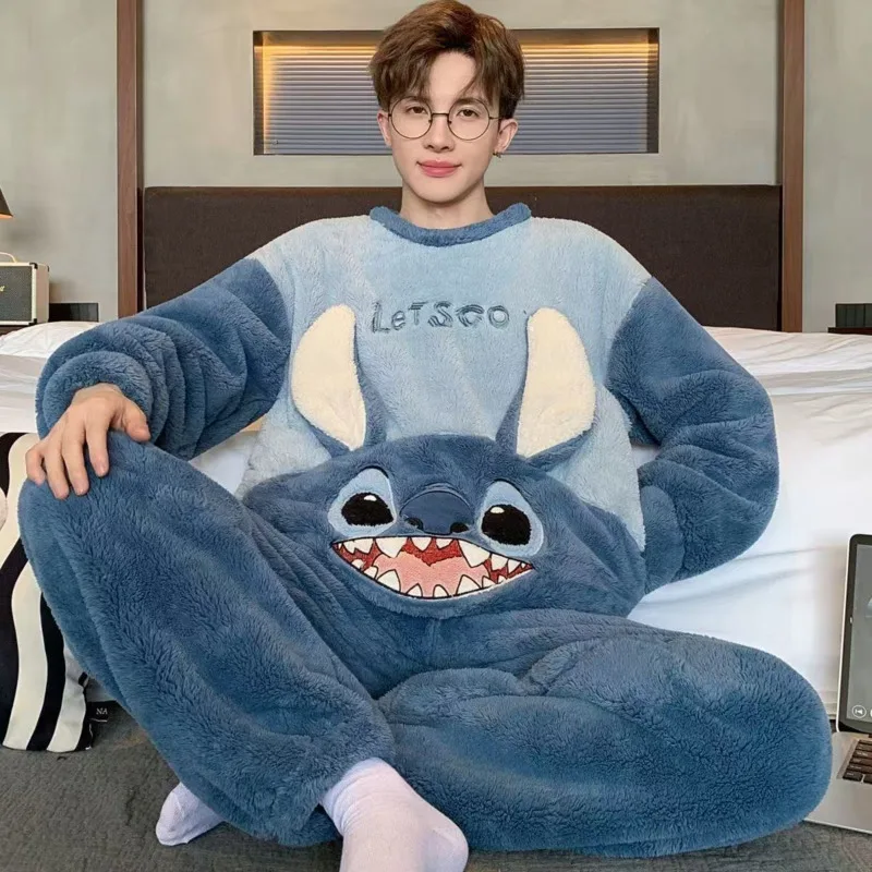 

Disney Stitch Cartoon Men's Pajamas Autumn and Winter Thickened Velvet Warm Home Clothes Set Fashion and Leisure Two Piece Set