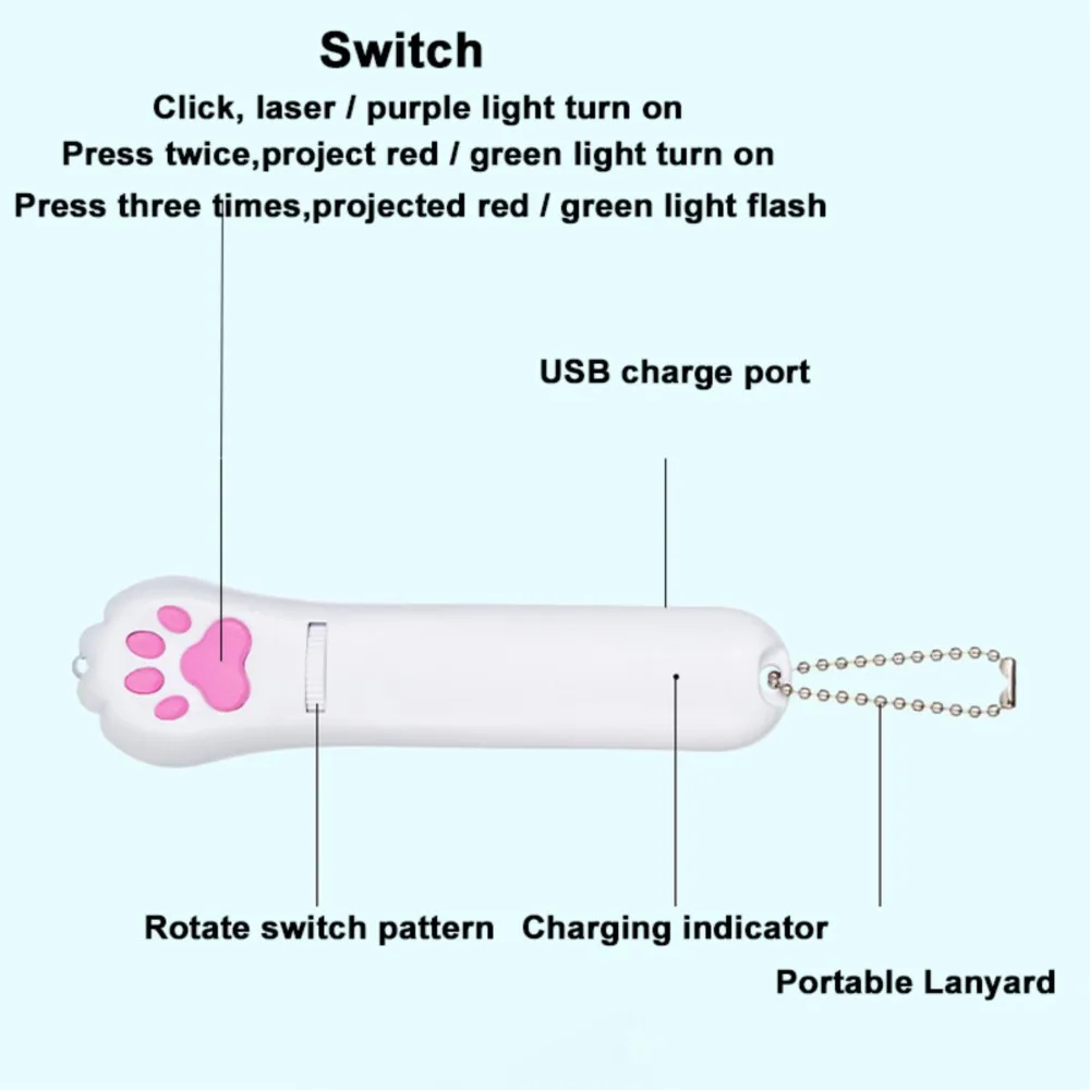 ZK20 Dropshipping USB Rechargeable Multi Pattern LED Flashlight Projection Tease the Cat Flashlight  UV Green Red Light